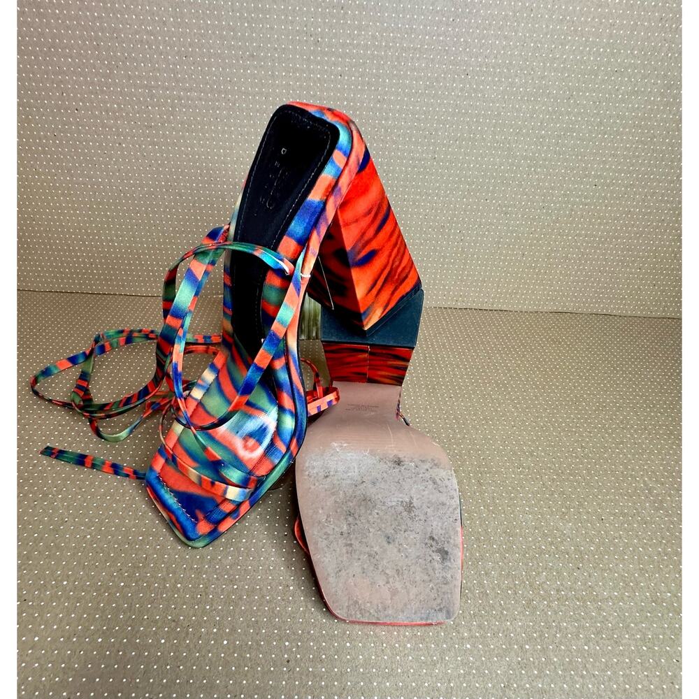 ASOS Design Colorful Orange Blue Heels Strappy Square Toe Tie Up High Heel - Picture 7 of 12